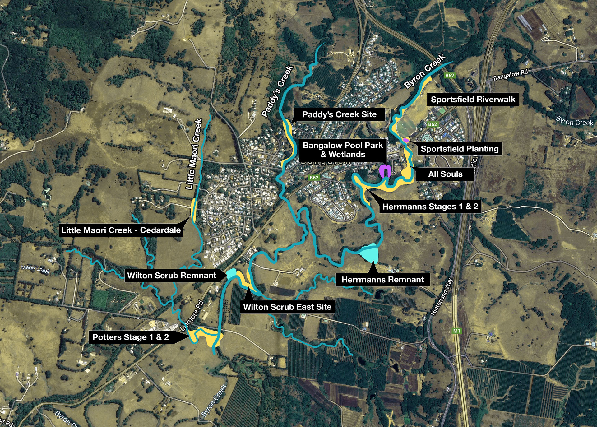 Map of Bangalow Land and Rivercare work sites